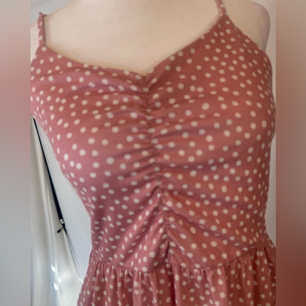 Yathon size SMALL pink/white polka dot midi sundress,  straps adjust, zip side - Picture 2 of 15